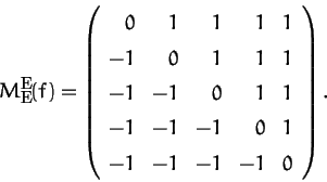 \begin{displaymath}M_E^E(f)=\left(\begin{array}{rrrrr}0&1&1&1&1\\ -1&0&1&1&1\\ -1&-1&0&1&1\\ -1&-1&-1&0&1\\ -1&-1&-1&-1&0\end{array}\right).
\end{displaymath}